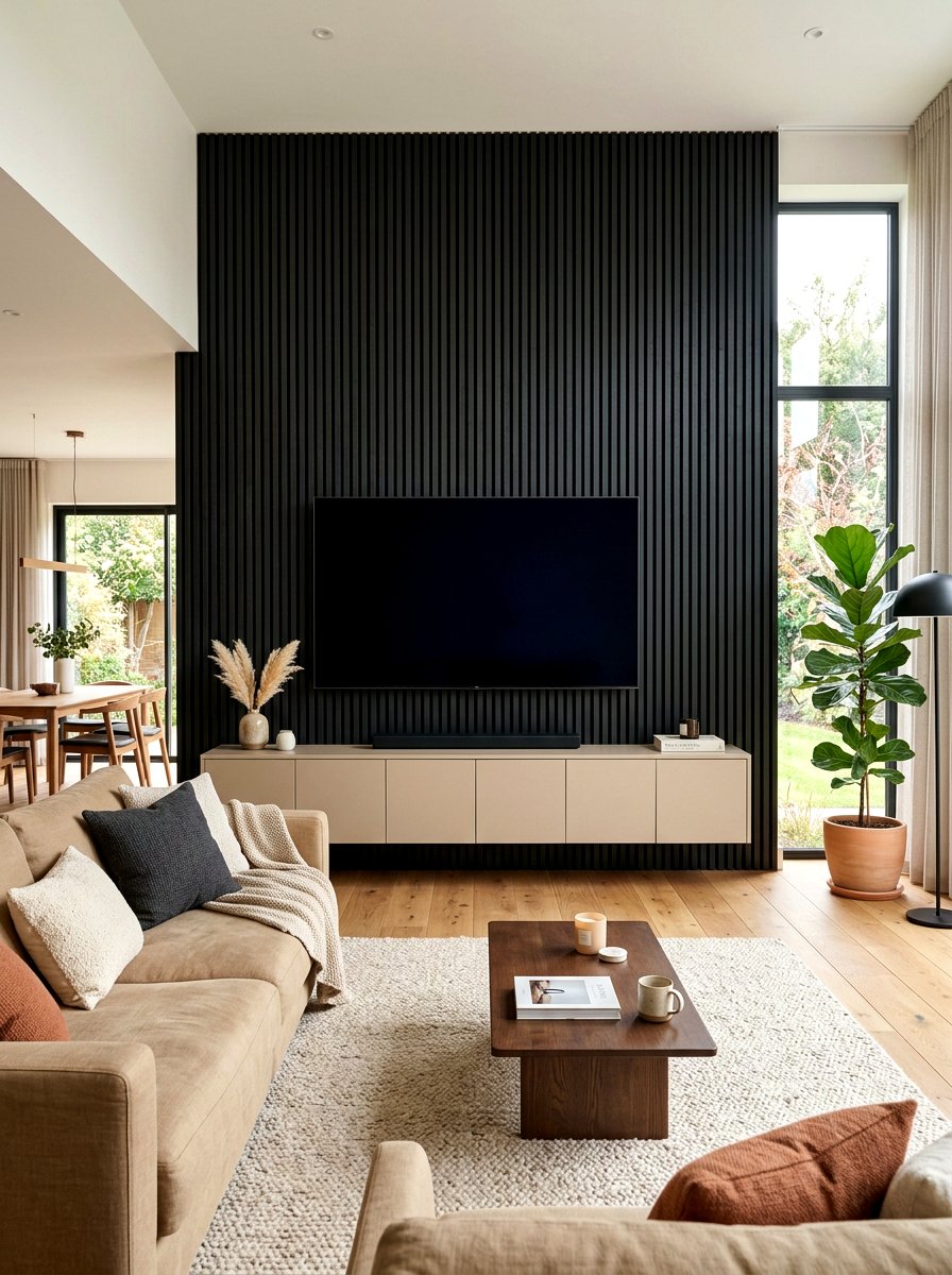 Black Slat Wall In Beige Living Room - 30 black and beige living room ideas