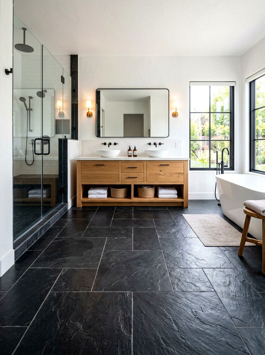 Black Slate Floor - 30 black bathroom ideas