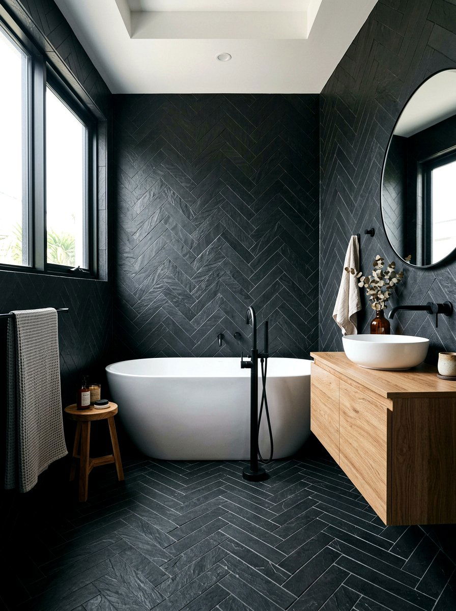 Black Slate Herringbone Bathroom - 30 herringbone floor ideas