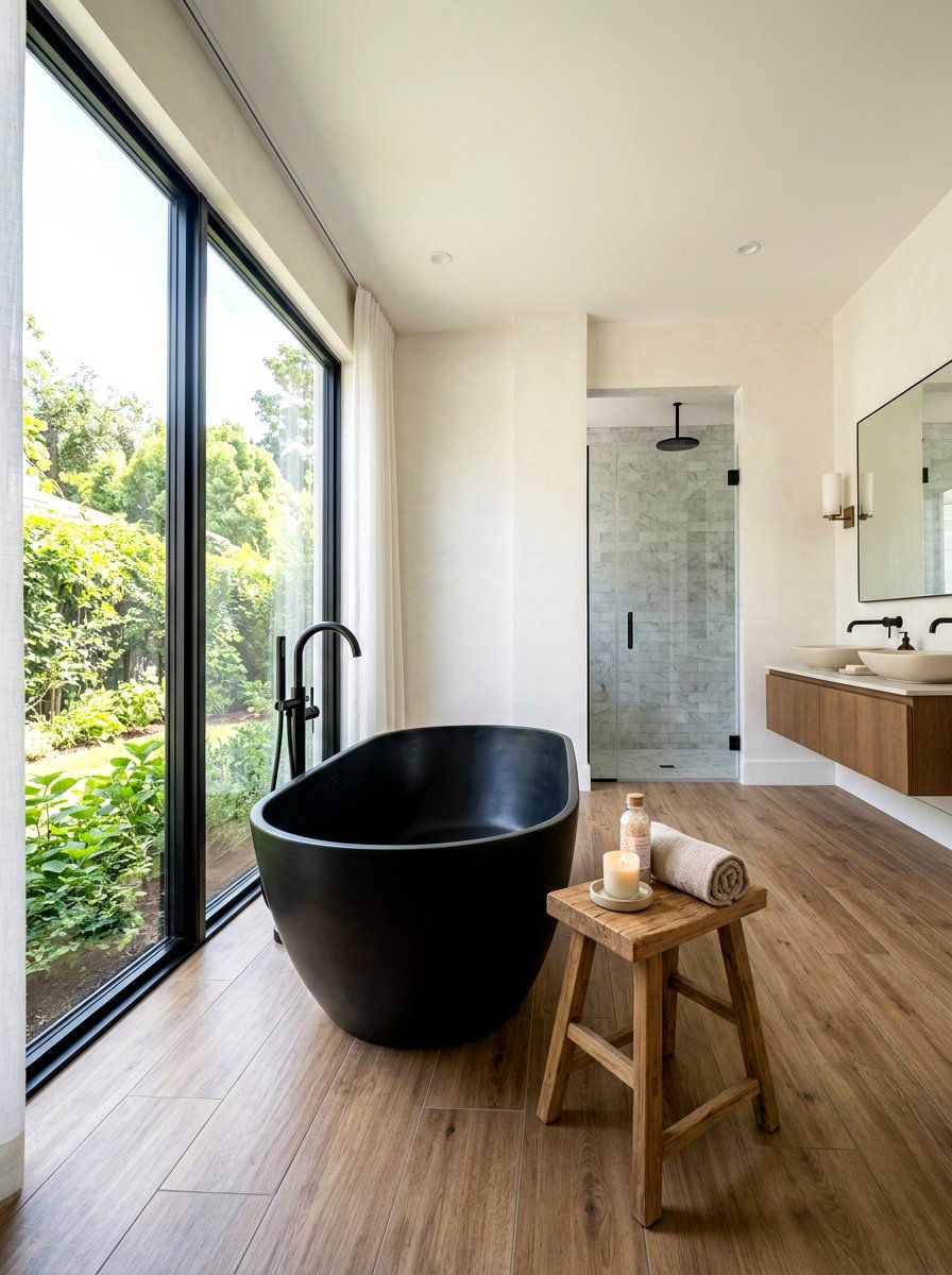 Black Soaking Tub Wood Floor Bathroom - 30 black and wood decor ideas
