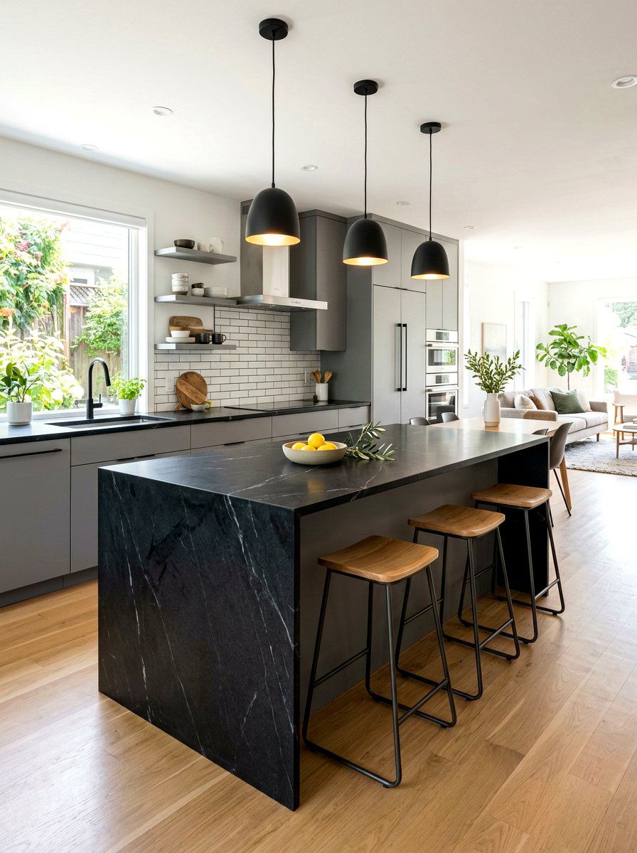 Black Soapstone Waterfall Island - 30 soapstone kitchen ideas