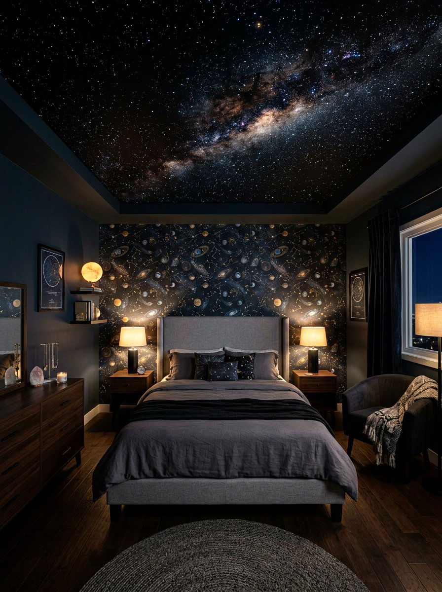 Black Starry Night - 30 ceiling wallpaper bedroom ideas