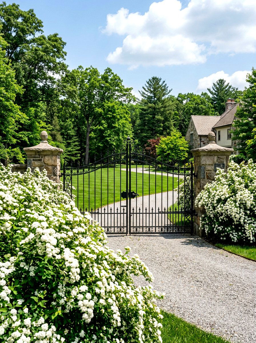 Black Steel Gate With White Flowering Bushes - 30 driveway gate landscaping ideas