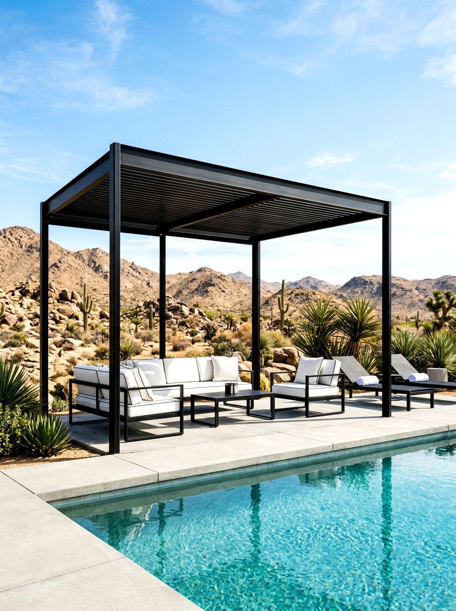 Black Steel Minimalist Cabana - 30 poolside daybed cabana ideas