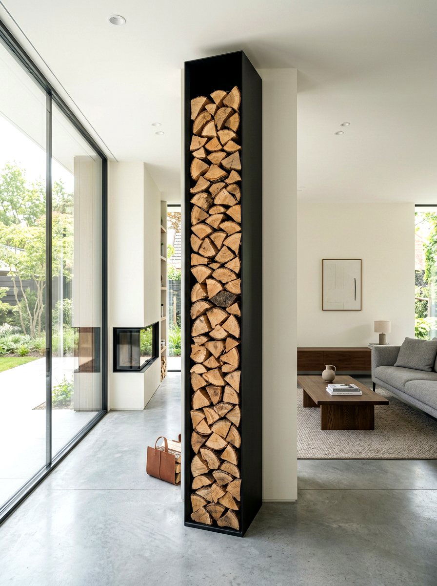 Black Steel Vertical Column - 30 firewood storage wall ideas