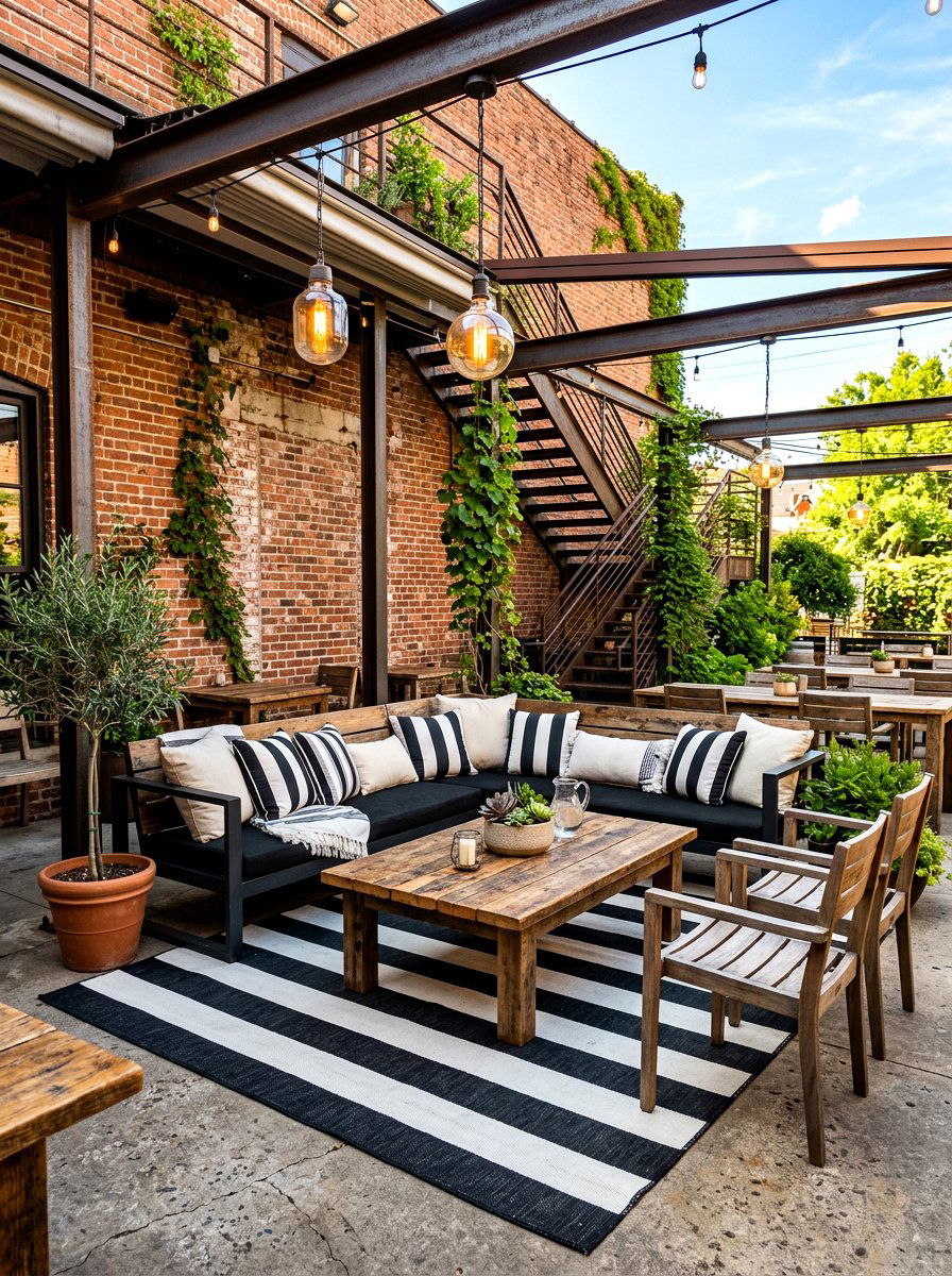 Black Stripe Industrial Patio - 30 cabana stripe patio ideas