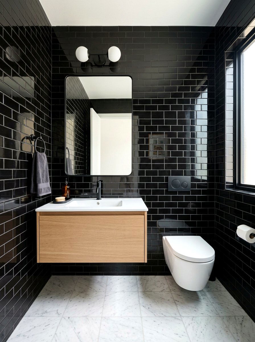 Black Subway Tiles - 30 dark powder room ideas