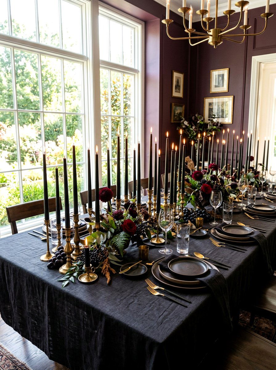 Black Taper Candle Tablescape - 30 dark romantic Halloween home ideas