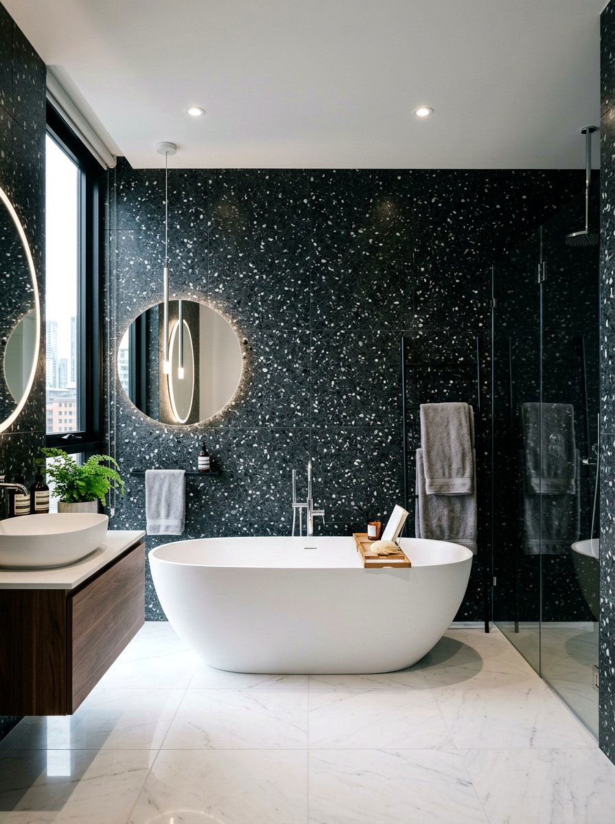 Black Terrazzo Wall - 30 terrazzo bathroom ideas