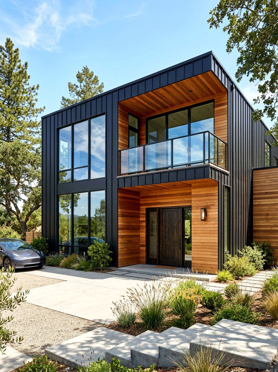 Black Vertical Metal And Natural Wood - 30 mixed siding exterior ideas