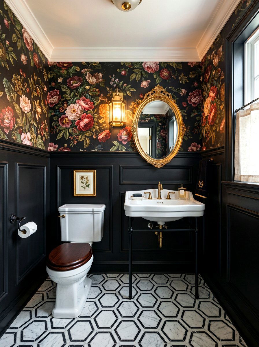 Black Wainscoting - 30 dark powder room ideas