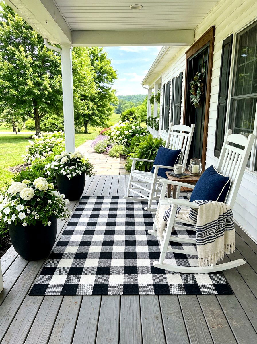 Black White Buffalo Check Rug - 30 front porch rug ideas