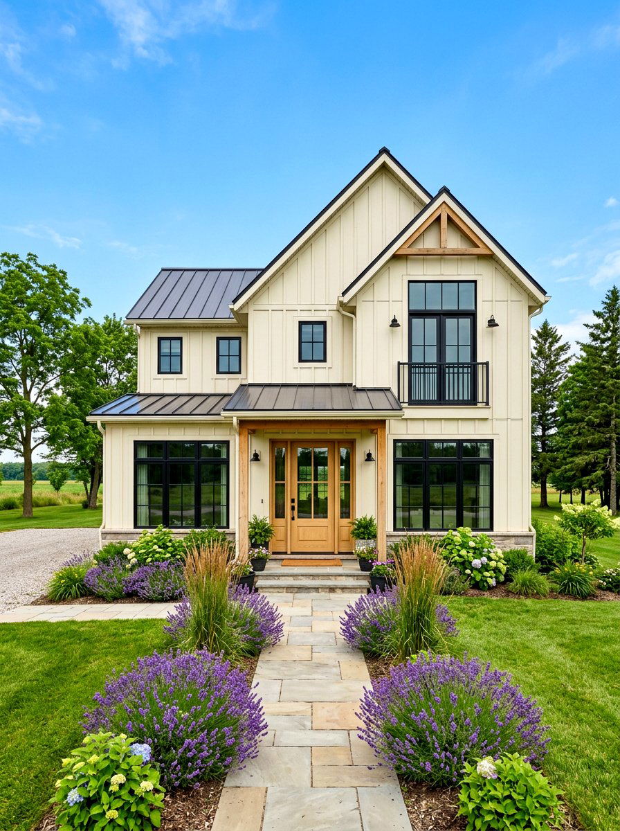 Black Windows With Thin Frames - 30 farmhouse front facade ideas