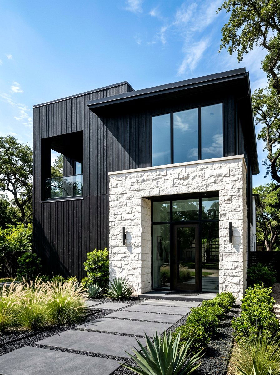 Black Wood Siding With White Stone - 30 stone and wood exterior ideas