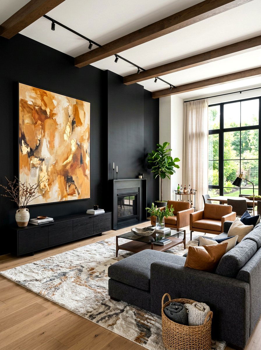 Black accent wall caramel art - 30 caramel and black living room ideas