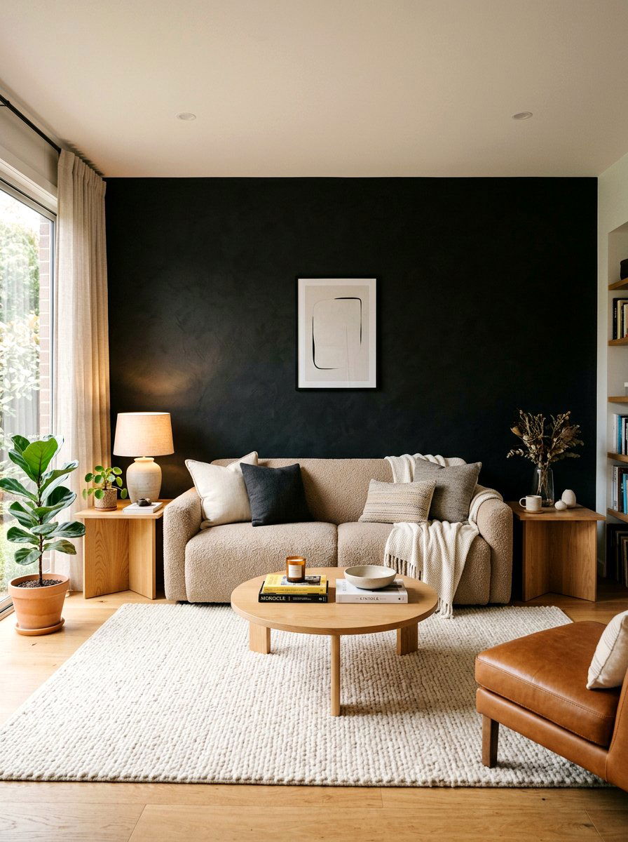 Black accent wall with sand furniture - 30 sand and black decor ideas