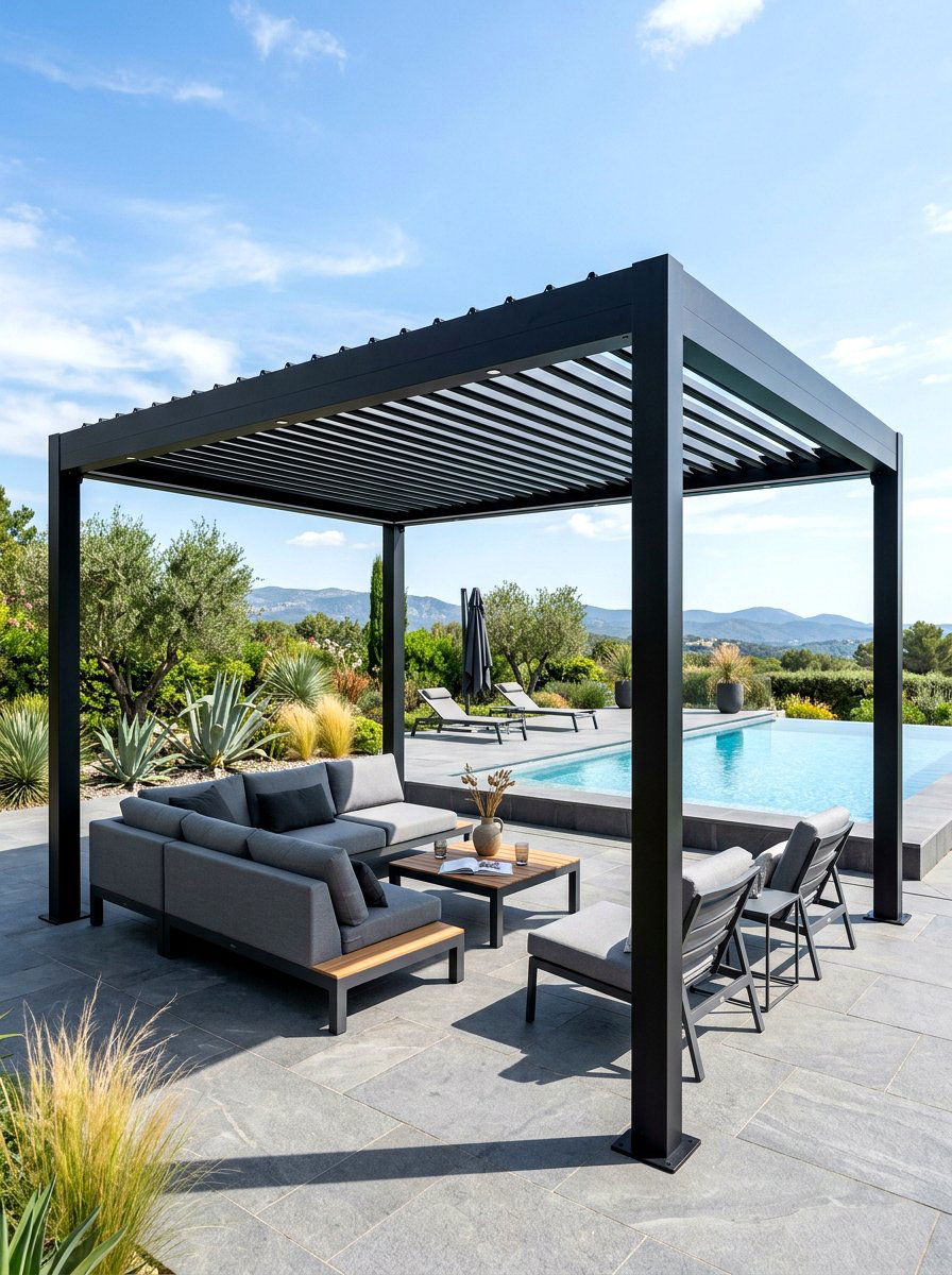 Black aluminum pergola with louvers - 30 black pergola ideas