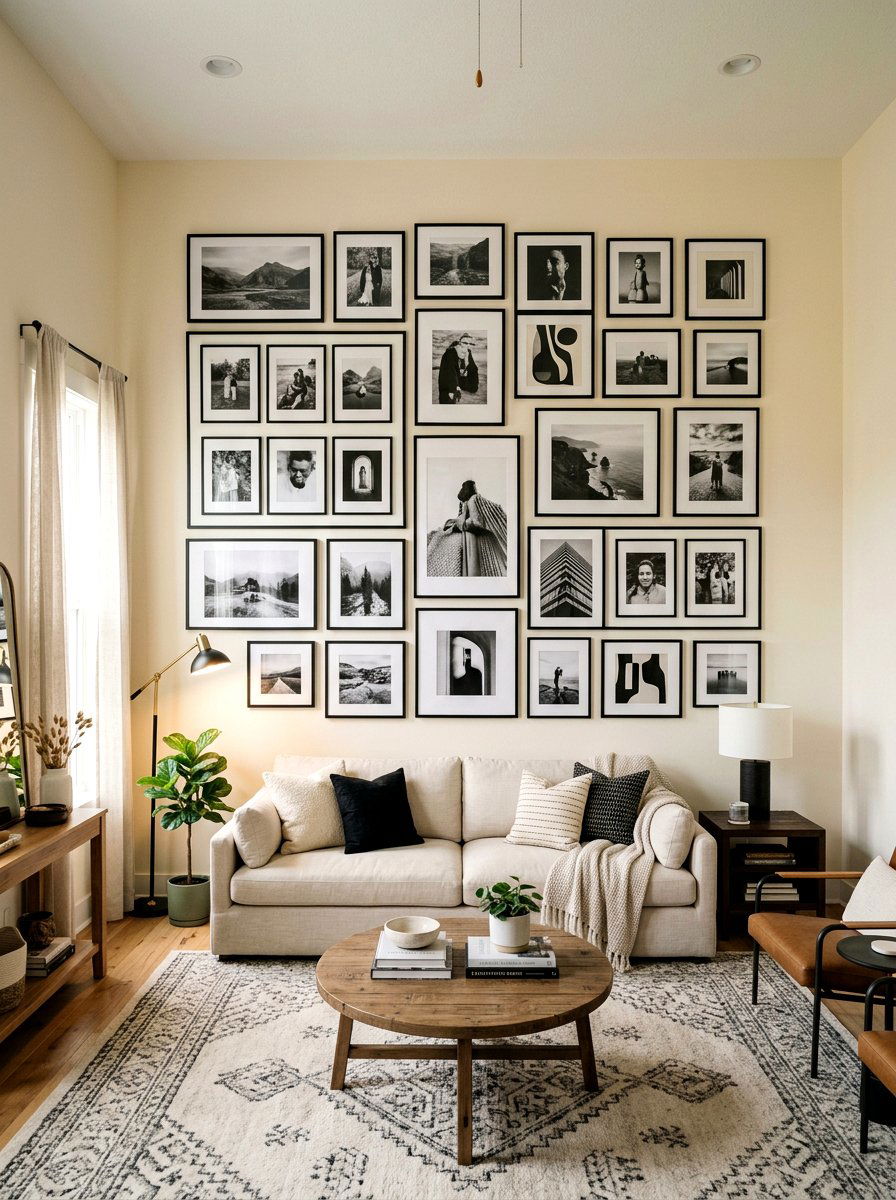 Black and Cream Gallery Wall Layout - 30 black and cream living room ideas