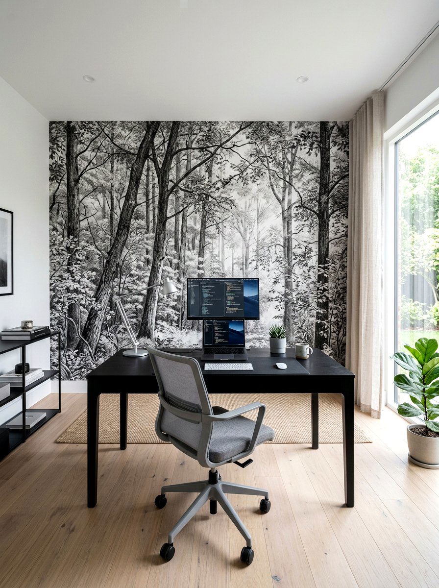 Black and White Forest Mural - 30 landscape mural wall ideas