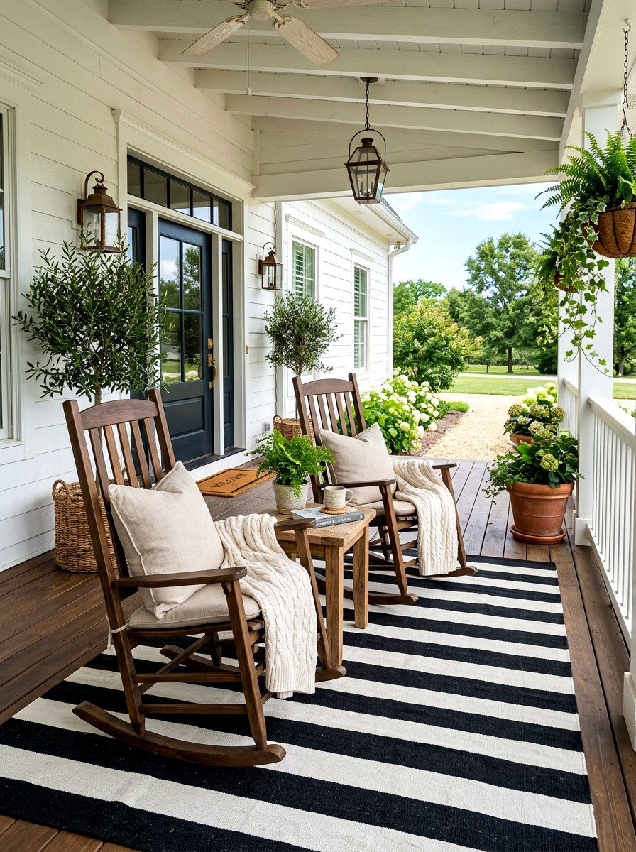 Black and White Striped Rug - 30 striped summer porch ideas