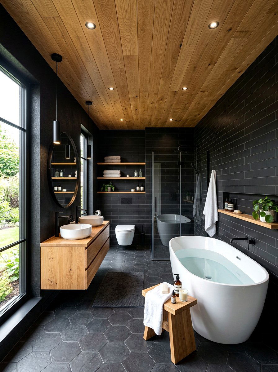 Black and Wood Bathroom - 30 black bathroom ideas