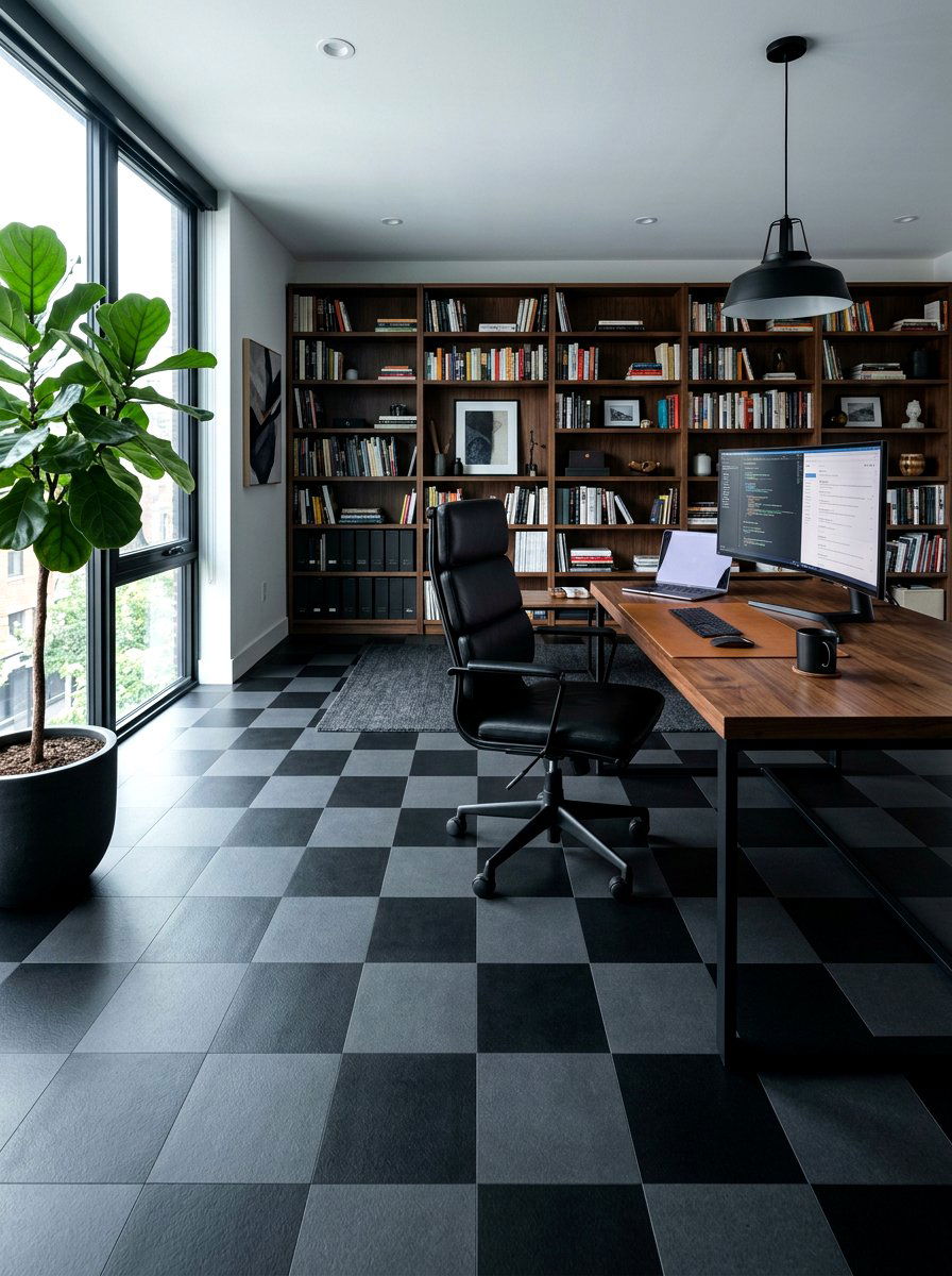 Black and charcoal matte flooring - 30 peel and stick checkerboard floor ideas