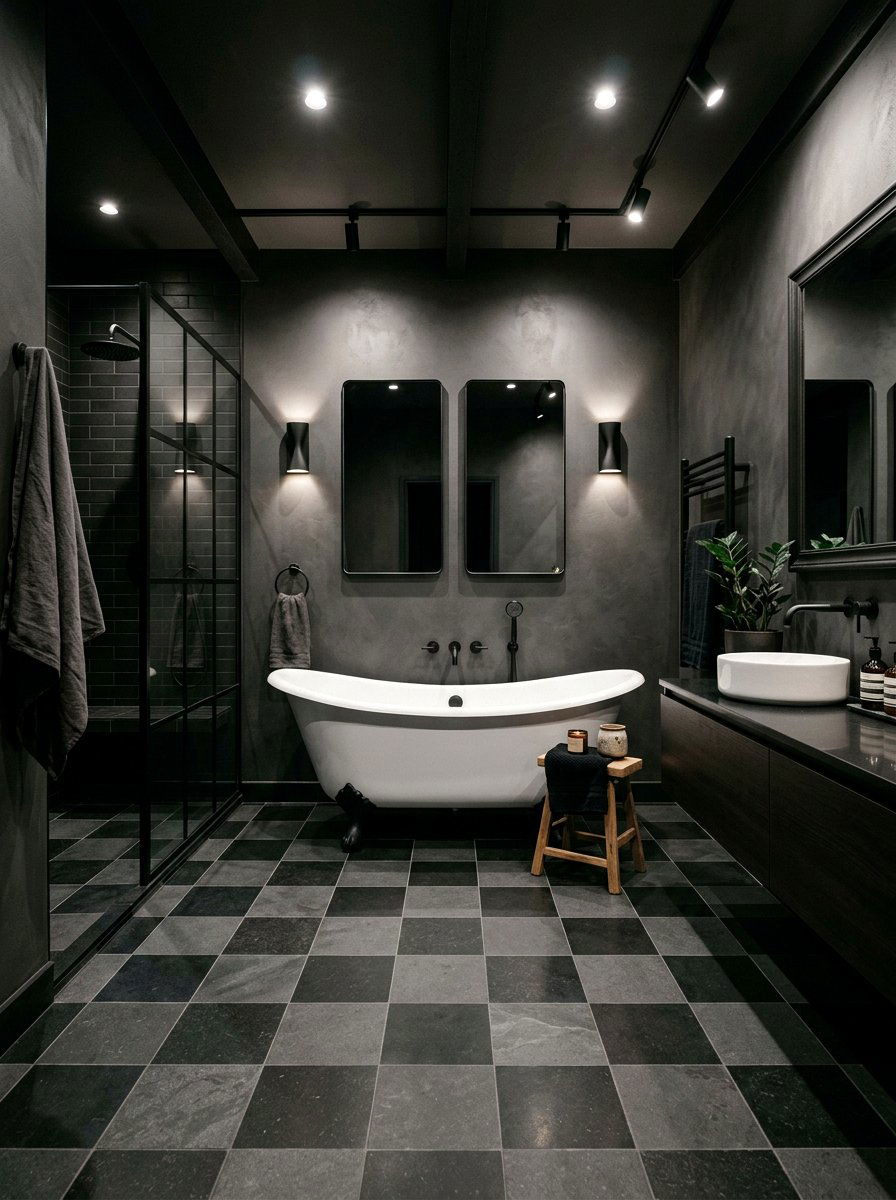 Black and charcoal subtle checkerboard tile - 30 checkerboard bath floor ideas