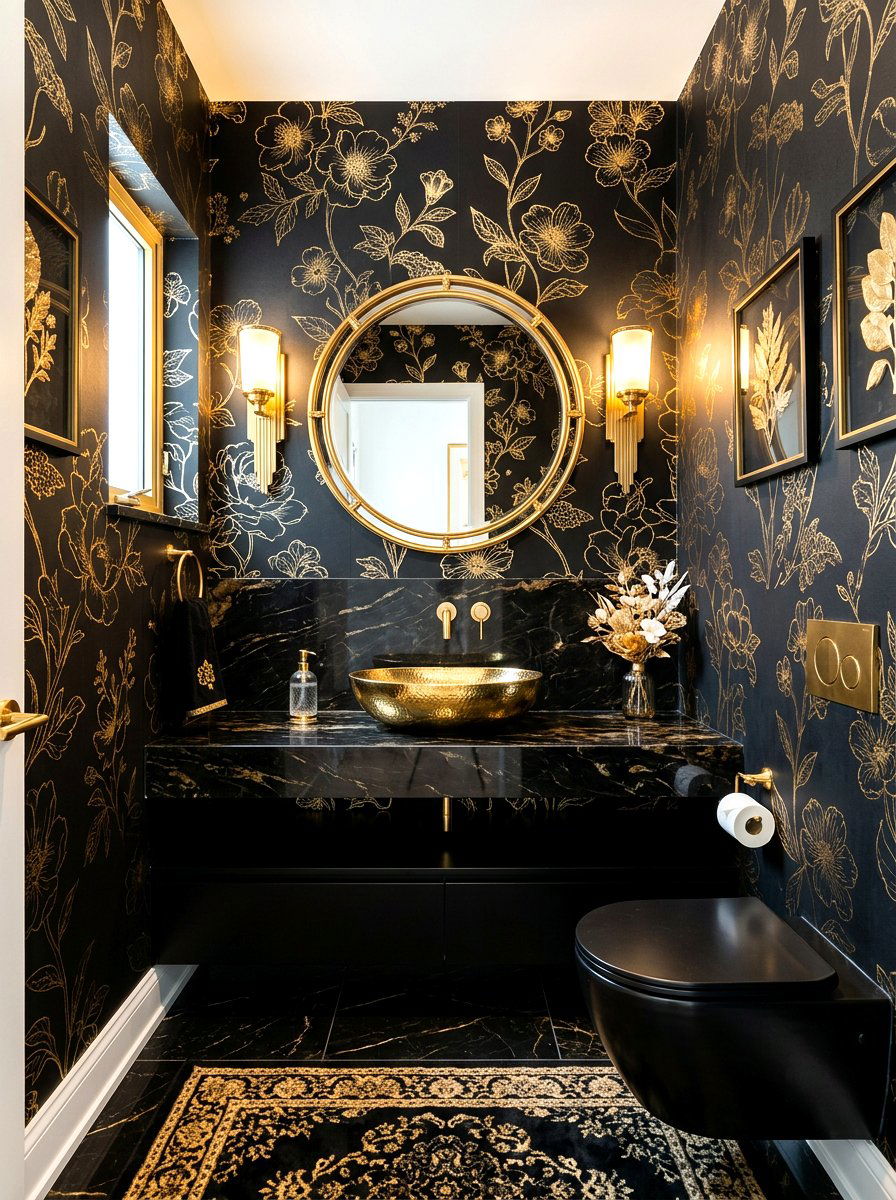 Black and gold floral wallpaper - 30 floral wallpaper powder room ideas