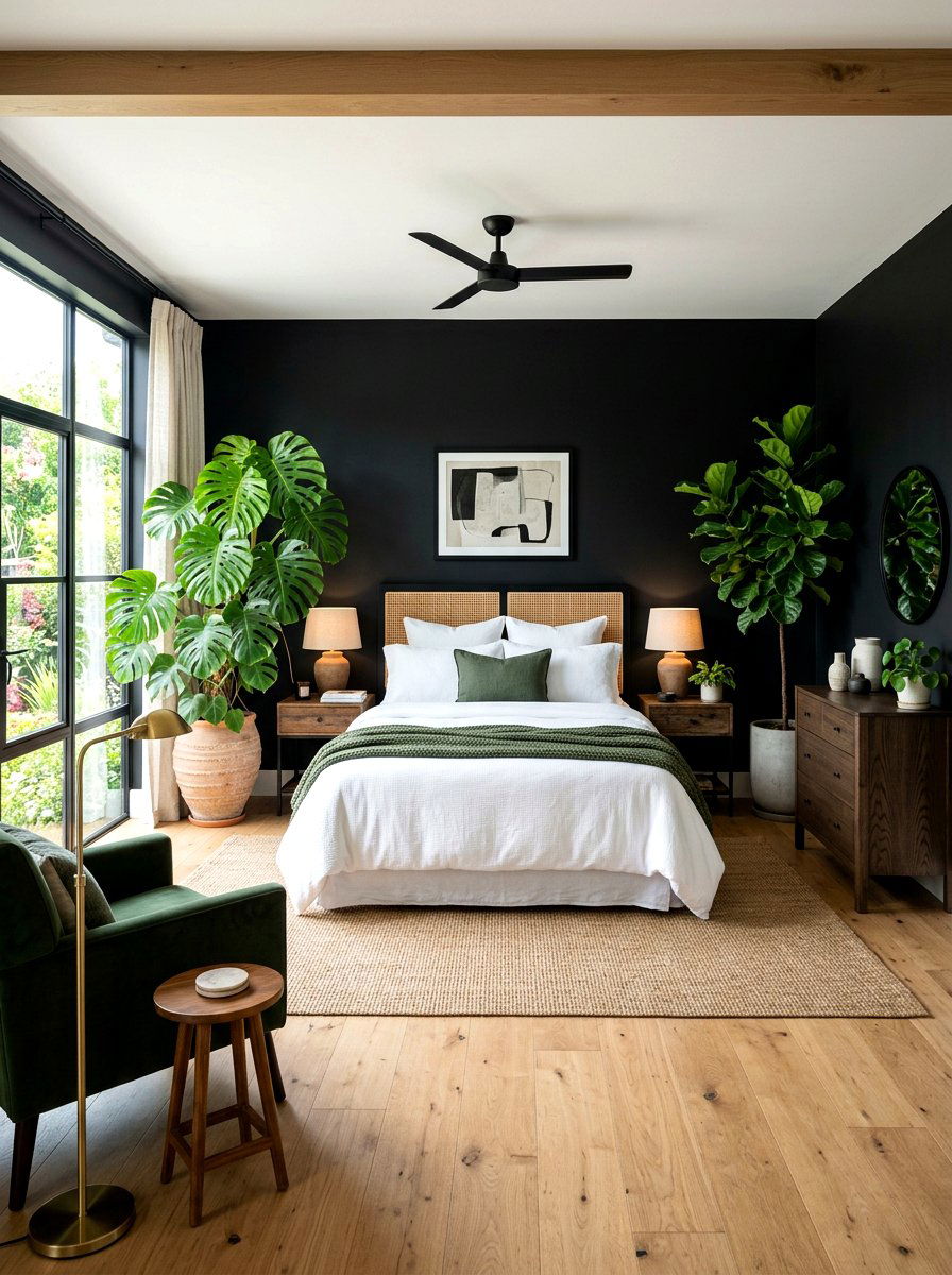 Black and green bedroom plants - 30 black bedroom ideas