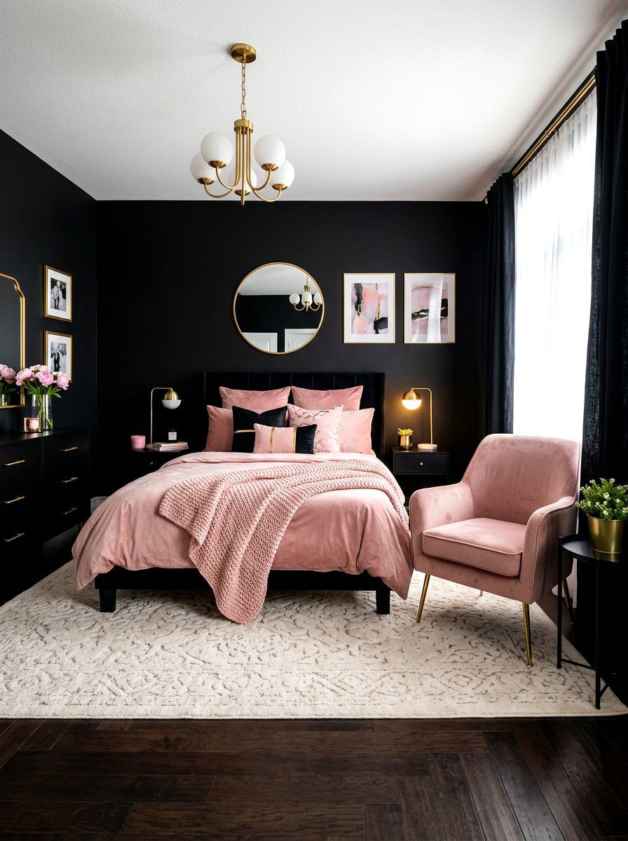 Black and pink bedroom accents - 30 black bedroom ideas