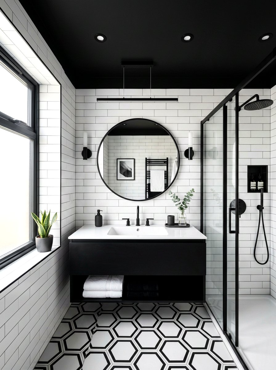 Black and white bathroom - 30 color blocked bathroom ideas