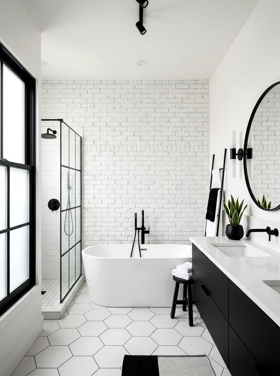 Black and white bathroom with brick wall - 30 black and white bathroom ideas