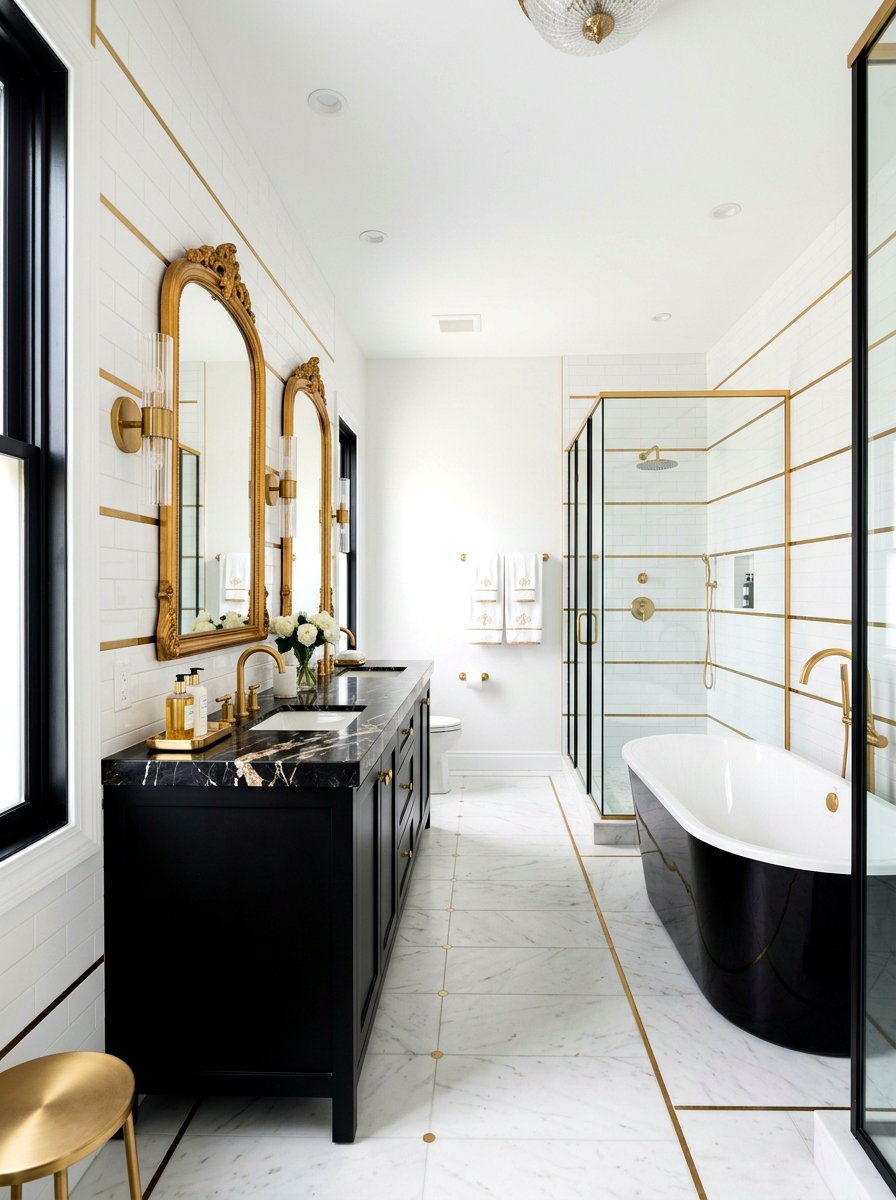 Black and white bathroom with gold accents - 30 black and white bathroom ideas