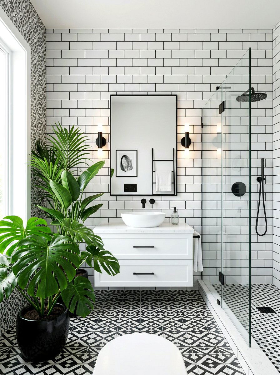 Black and white bathroom with plants - 30 black and white bathroom ideas