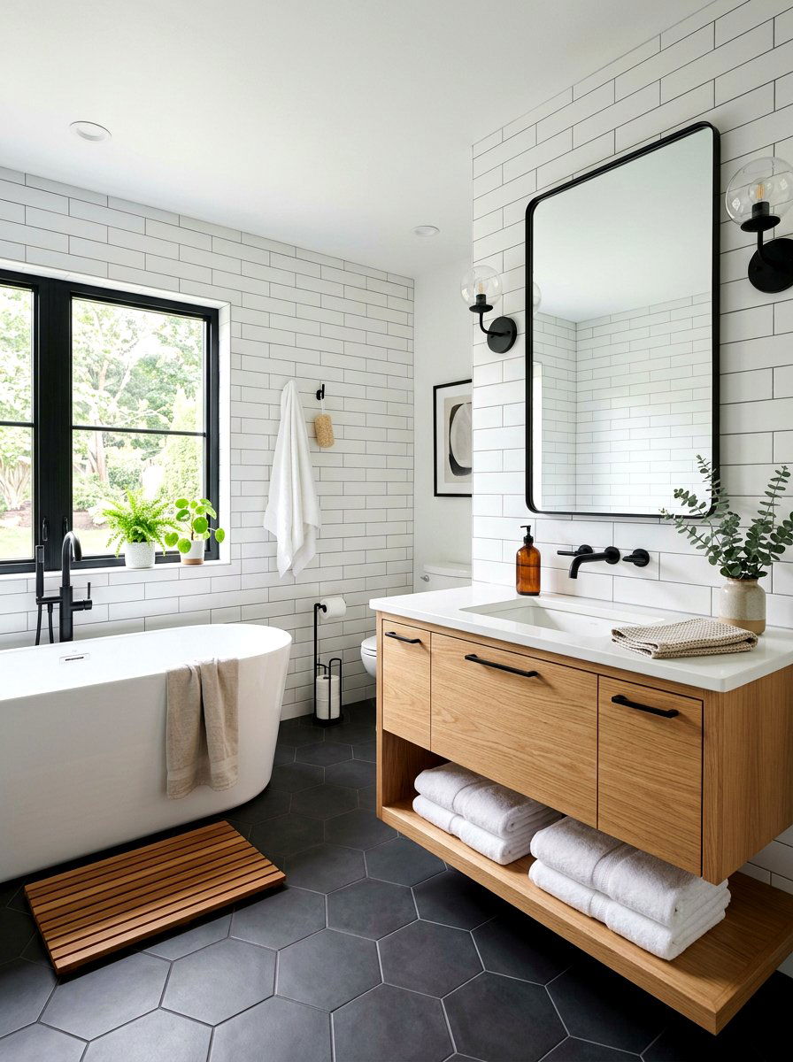 Black and white bathroom with wood accents - 30 black and white bathroom ideas
