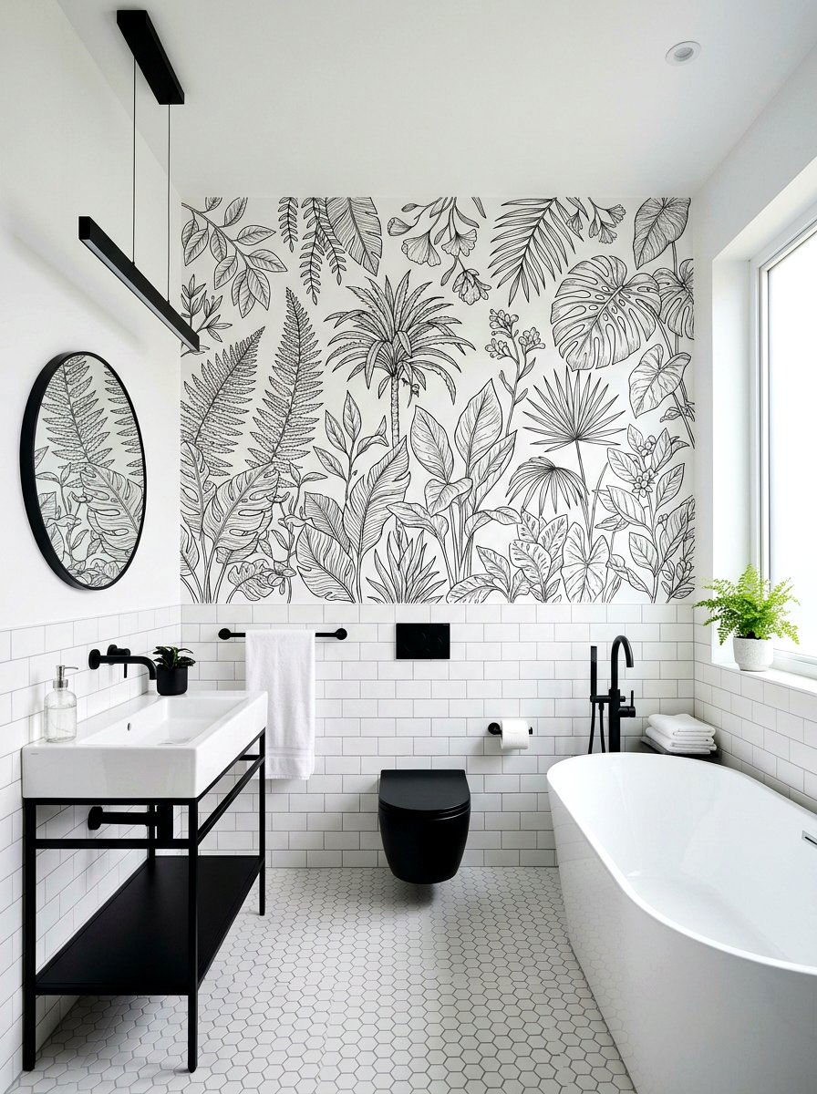 Black and white botanical mural bathroom - 30 mural bathroom ideas