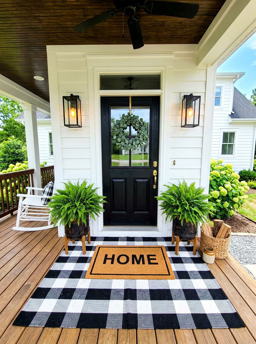 Black and white buffalo plaid rug - 30 porch doormat layering ideas