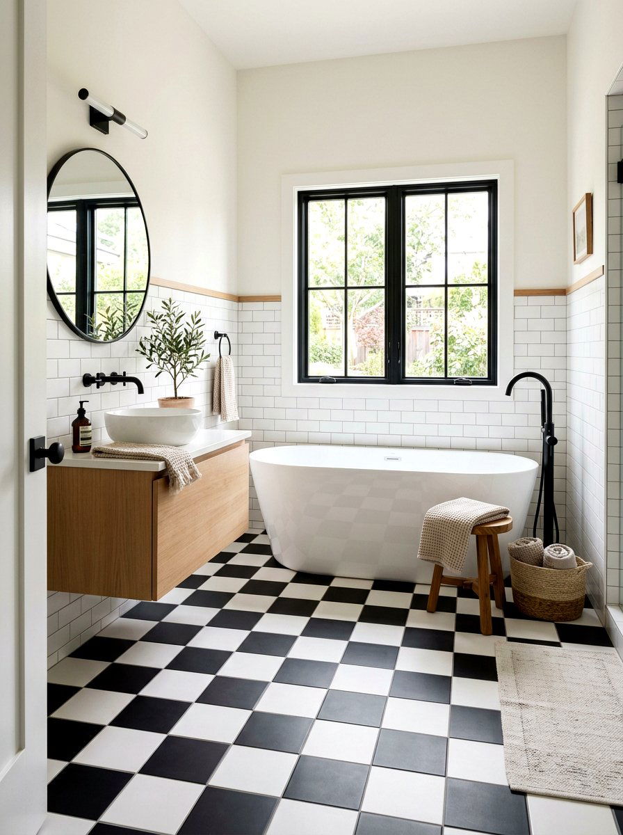 Black and white checkerboard bathroom floor - 30 checkerboard decor ideas