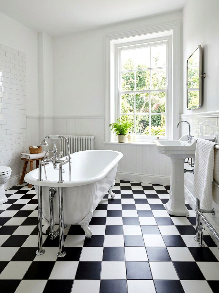 Black and white checkerboard floor tile - 30 removable tile bathroom ideas