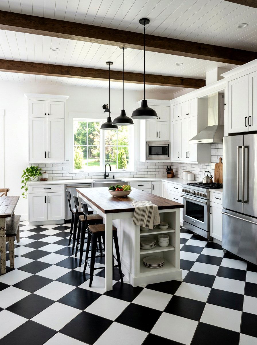 Black and white checkerboard kitchen - 30 peel and stick checkerboard floor ideas