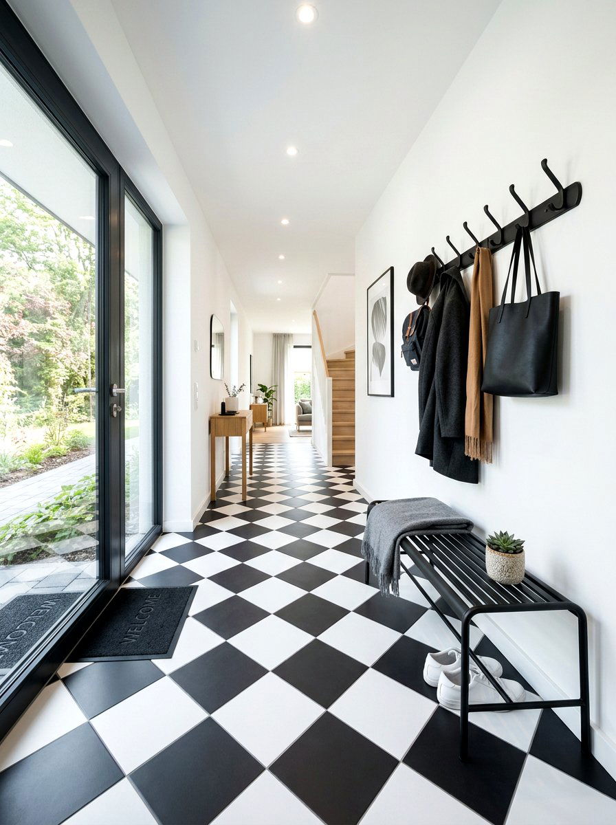 Black and white checkered floor tile - 30 patterned mudroom tile ideas