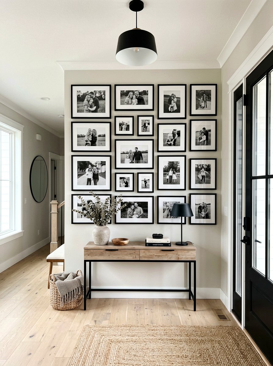 Black and white family gallery wall - 30 salon wall entry ideas