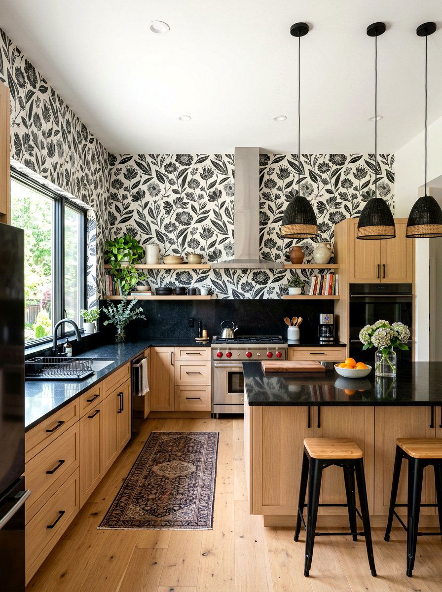 Black and white floral kitchen wallpaper - 30 floral kitchen wallpaper ideas