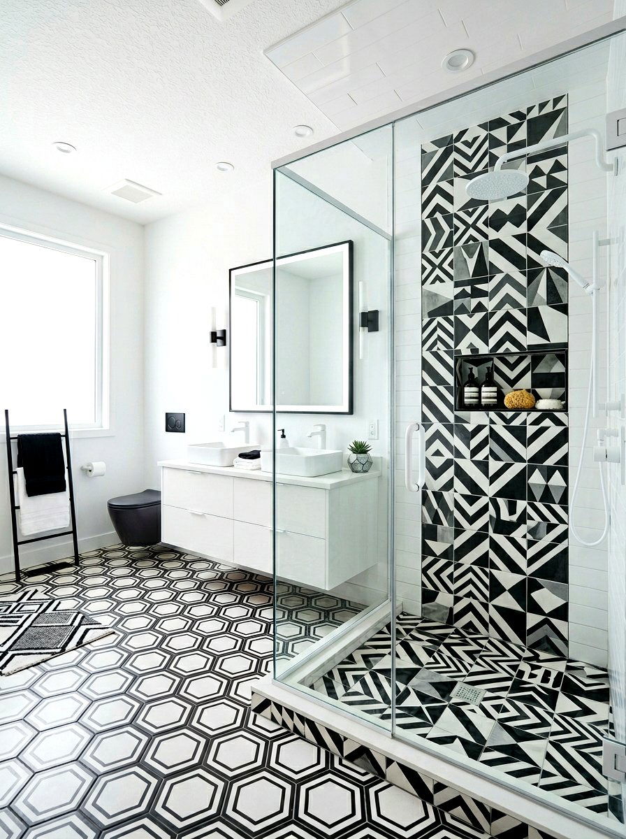 Black and white geometric bathroom - 30 black and white bathroom ideas