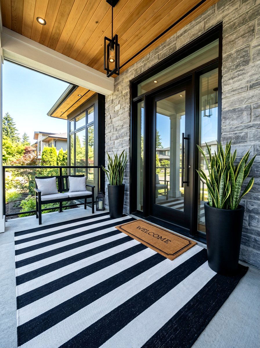 Black and white horizontal stripe rug - 30 porch doormat layering ideas