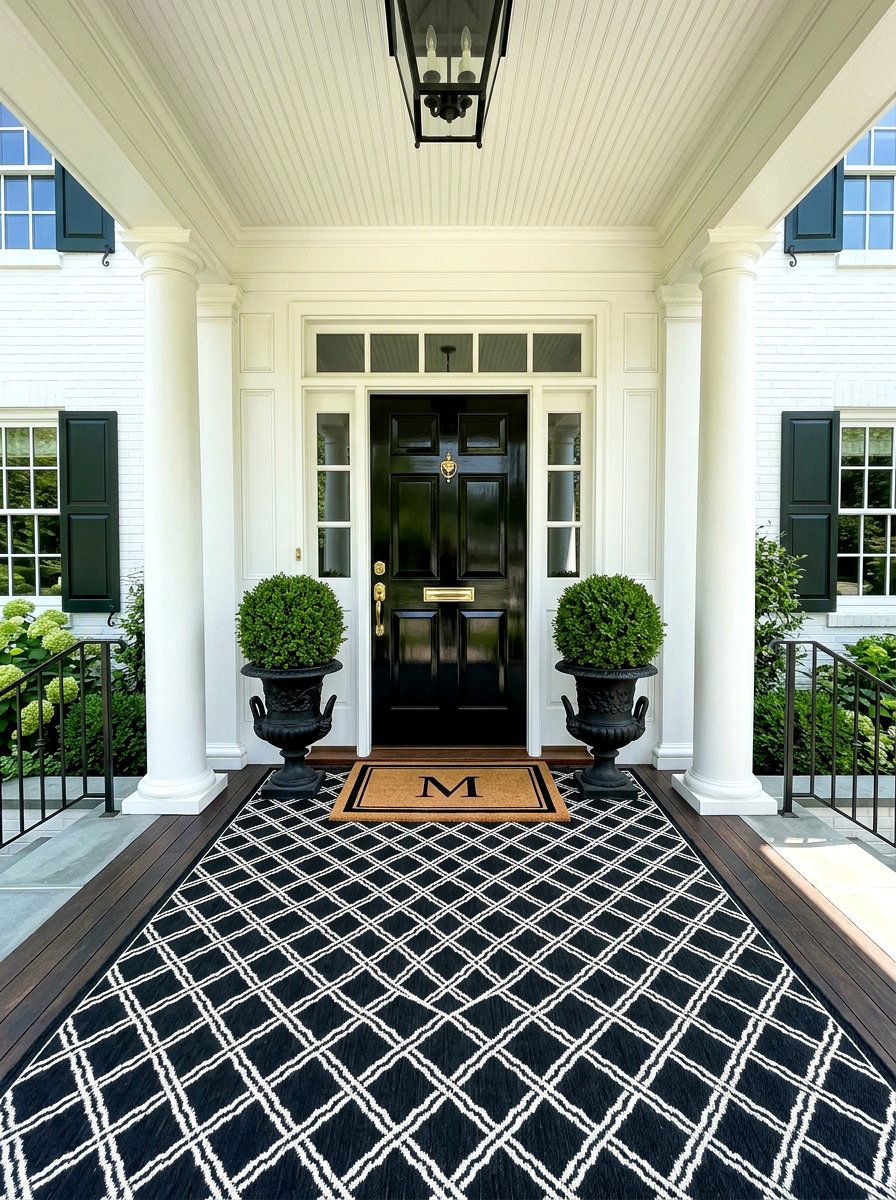 Black and white lattice rug - 30 porch doormat layering ideas