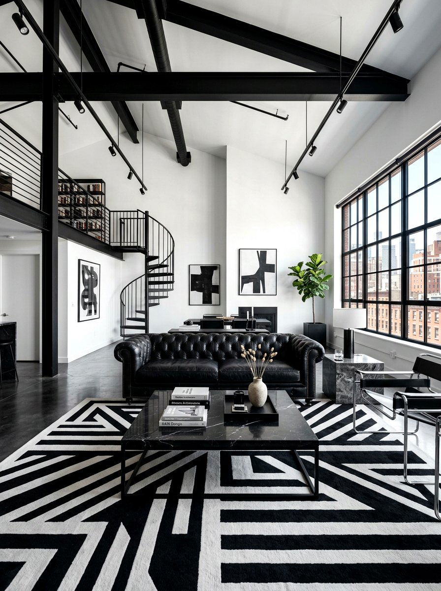 Black and white loft - 30 loft living room ideas