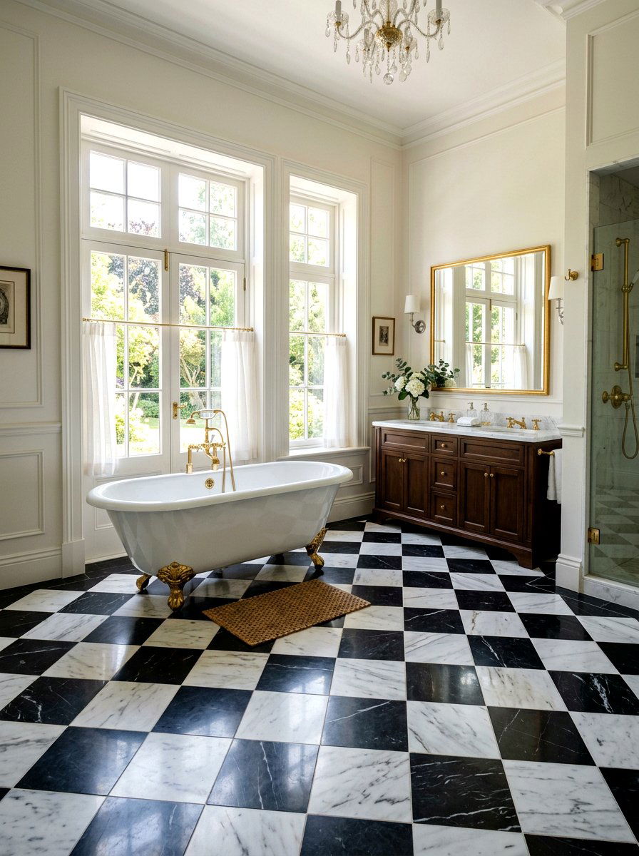 Black and white marble bathroom floor - 30 checkerboard bath floor ideas