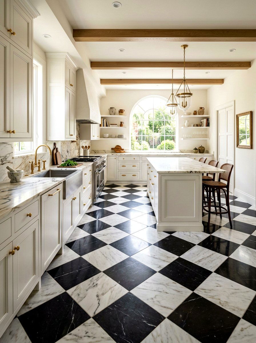 Black and white marble checkerboard kitchen - 30 checkerboard kitchen tile ideas