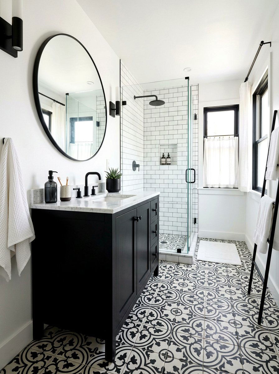 Black and white patterned tile bathroom - 30 black and white bathroom ideas